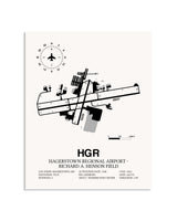 Gray Hagerstown Regional Airport-Richard A. Henson Field framed poster displayed in an airplane hangar