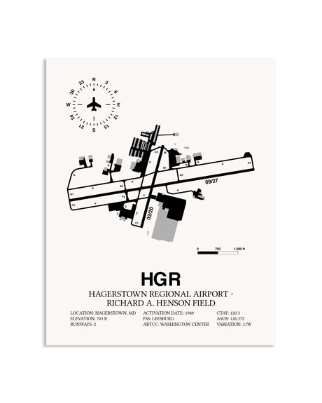Gray Hagerstown Regional Airport-Richard A. Henson Field framed poster displayed in an airplane hangar