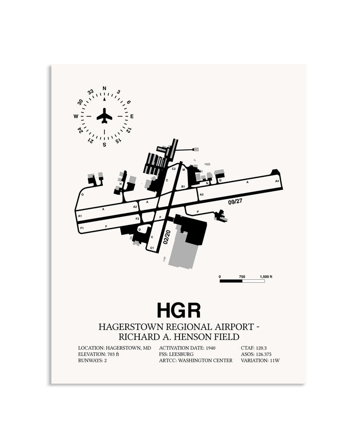 Gray Hagerstown Regional Airport-Richard A. Henson Field framed poster displayed in an airplane hangar