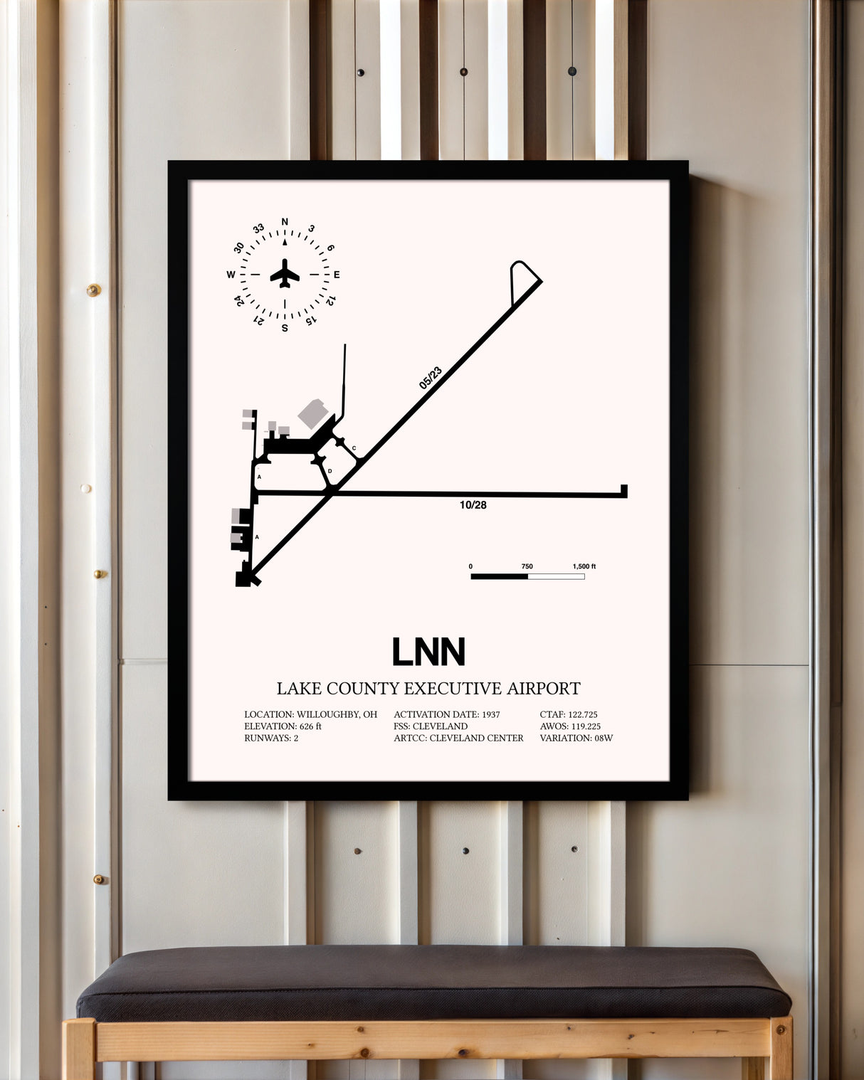 Lake County Executive Airport framed poster displayed in an airplane hangar