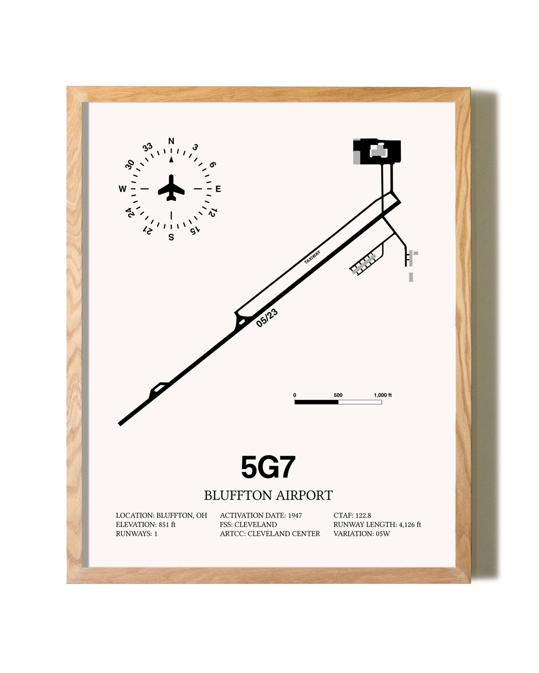 Bluffton Airport framed print in natural wood frame