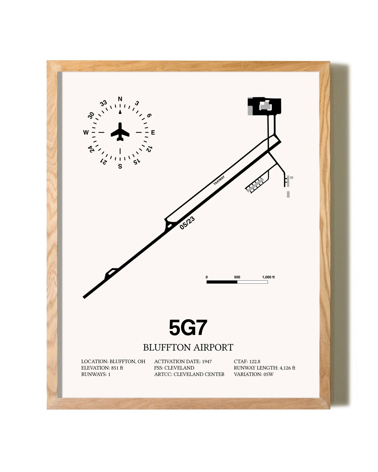 Bluffton Airport framed print in natural wood frame