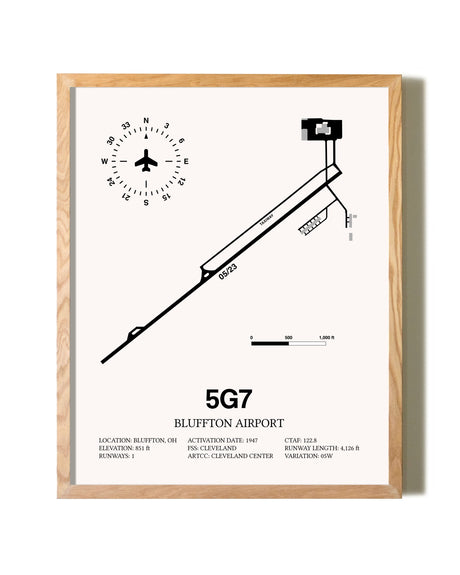 Bluffton Airport framed print in natural wood frame