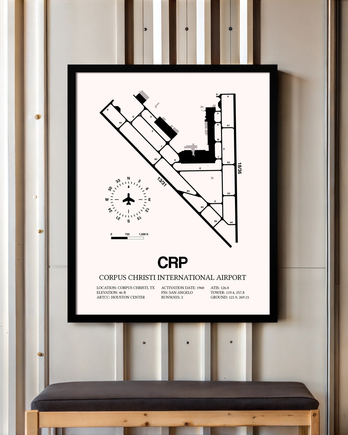Corpus Christi International Airport framed poster displayed in an airplane hangar