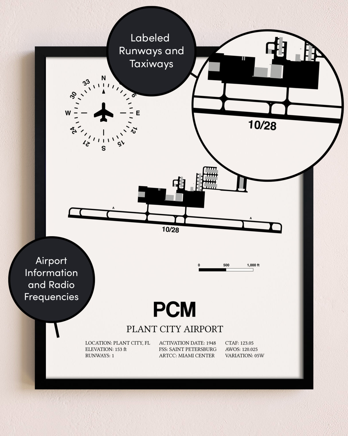 Framed Plant City Airport layout wall art poster