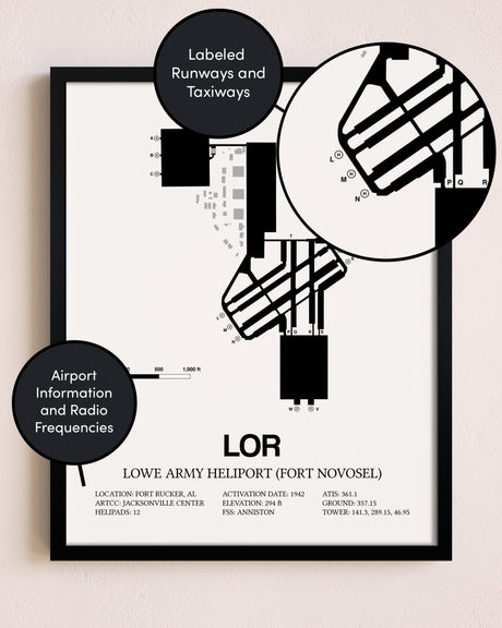 Framed Lowe Army Heliport (Fort Novosel) layout wall art poster