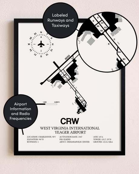 Framed West Virginia International Yeager Airport layout wall art poster