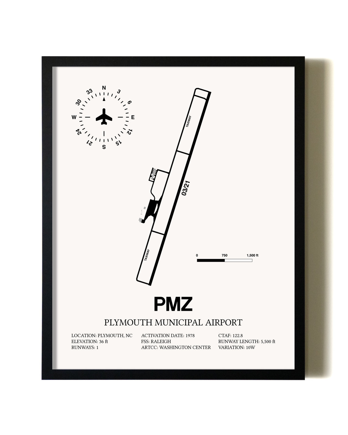 Framed Plymouth Municipal Airport wall art poster in black frame