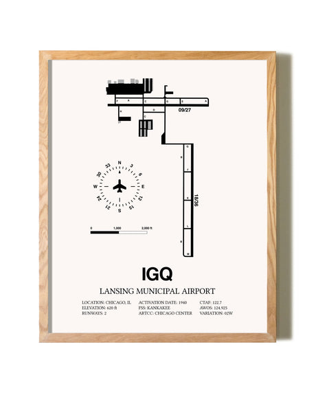 Lansing Municipal Airport framed print in natural wood frame