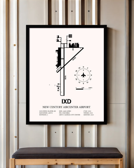 New Century Aircenter Airport framed poster displayed in an airplane hangar