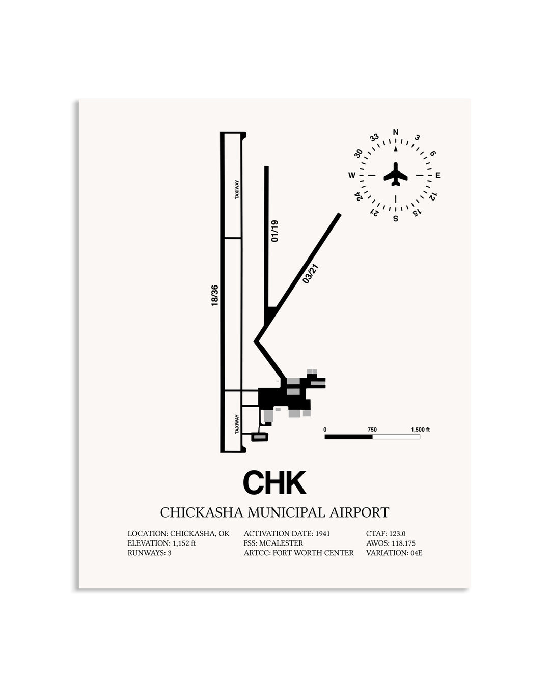 Gray Chickasha Municipal Airport framed poster displayed in an airplane hangar