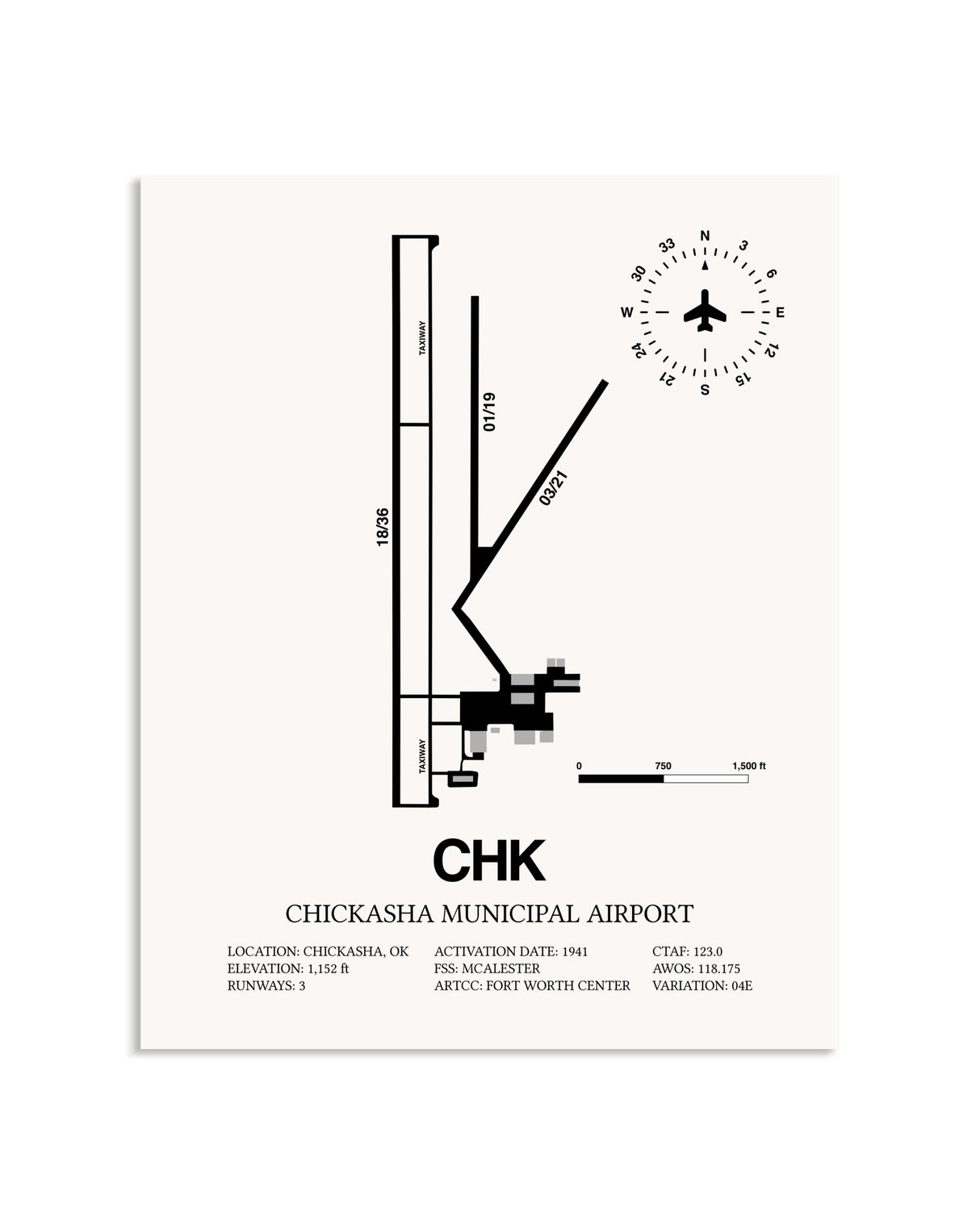 Gray Chickasha Municipal Airport framed poster displayed in an airplane hangar