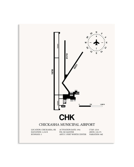 Gray Chickasha Municipal Airport framed poster displayed in an airplane hangar