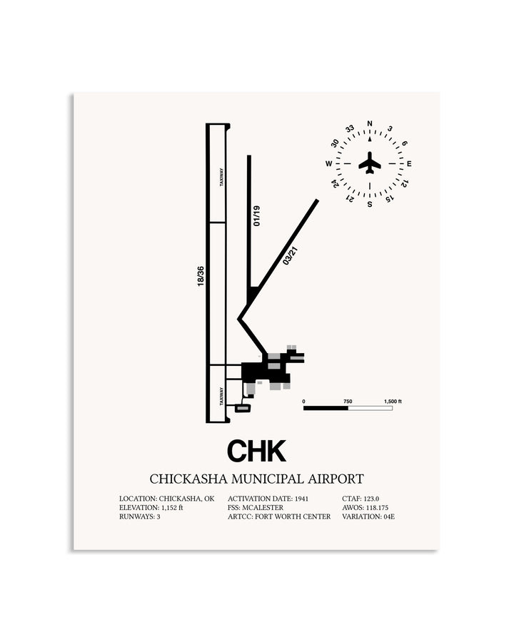 Gray Chickasha Municipal Airport framed poster displayed in an airplane hangar