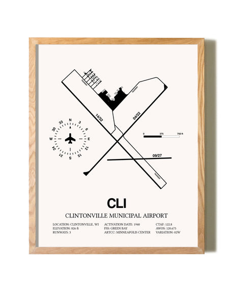 Clintonville Municipal Airport framed print in natural wood frame