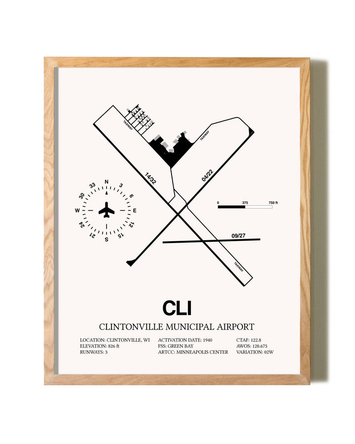 Clintonville Municipal Airport framed print in natural wood frame