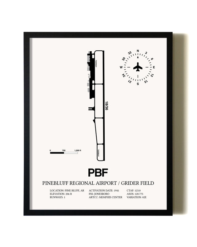 Framed Pinebluff Regional Airport / Grider Field wall art poster in black frame