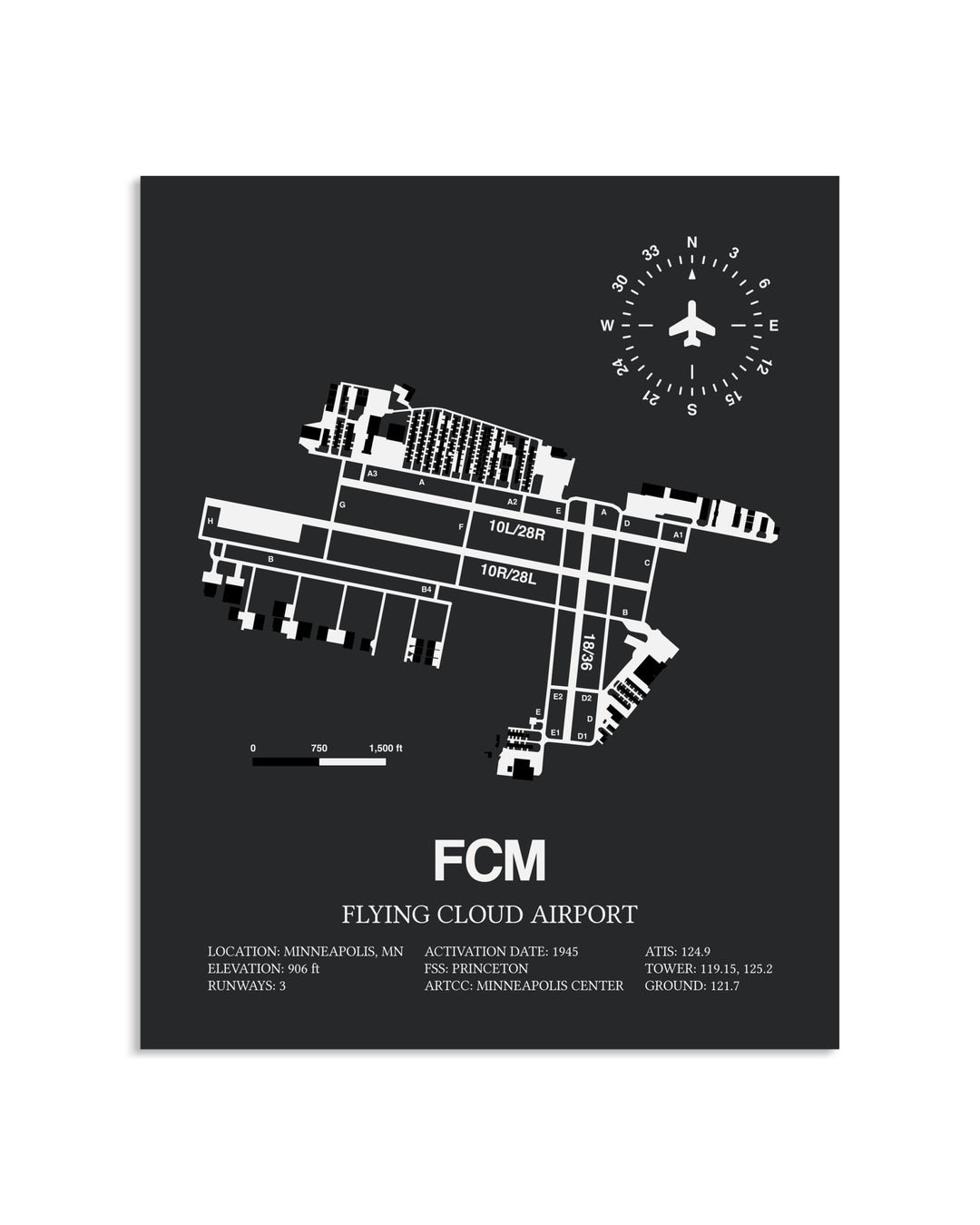 Gray Framed Flying Cloud Airport layout wall art poster