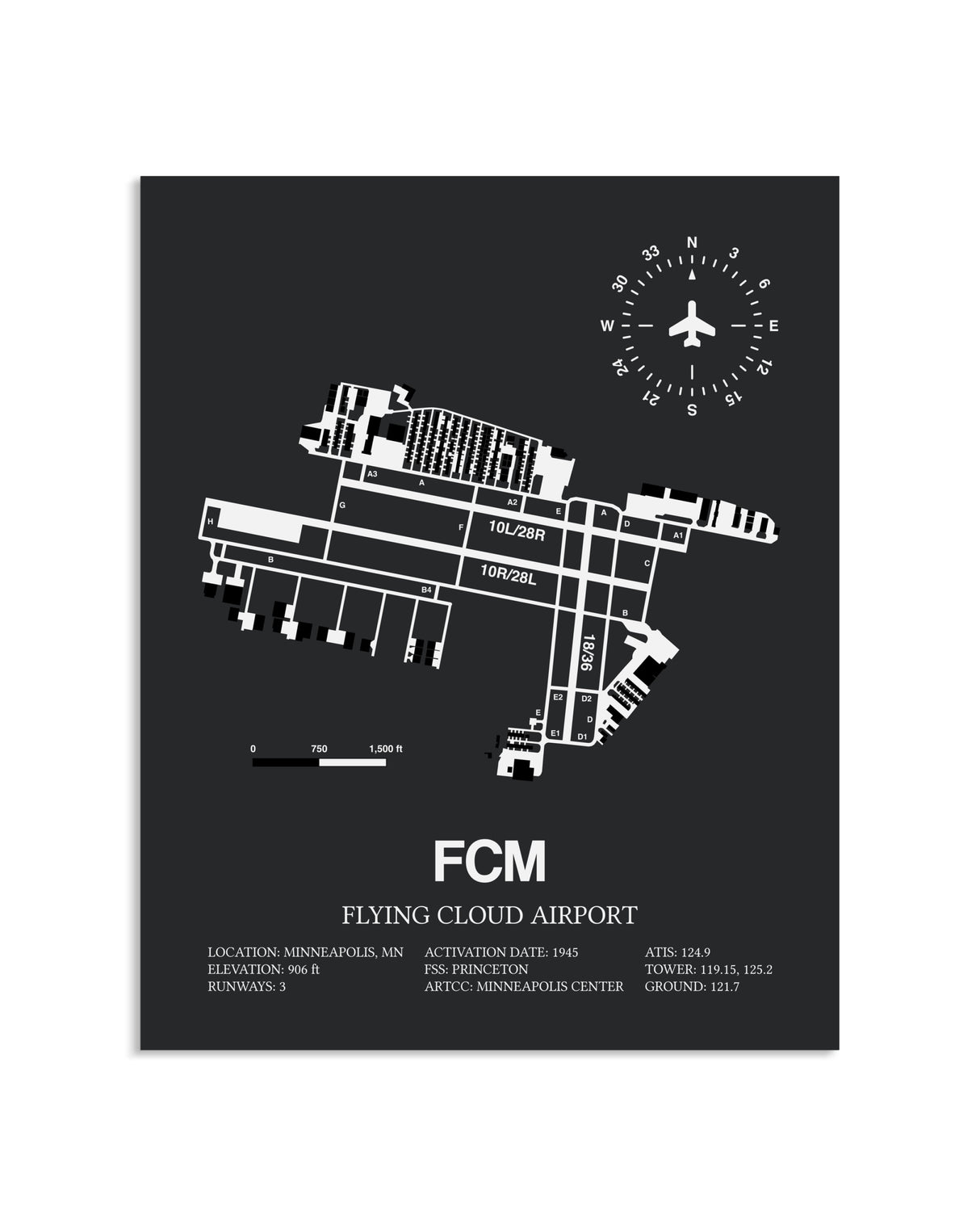 Gray Framed Flying Cloud Airport layout wall art poster