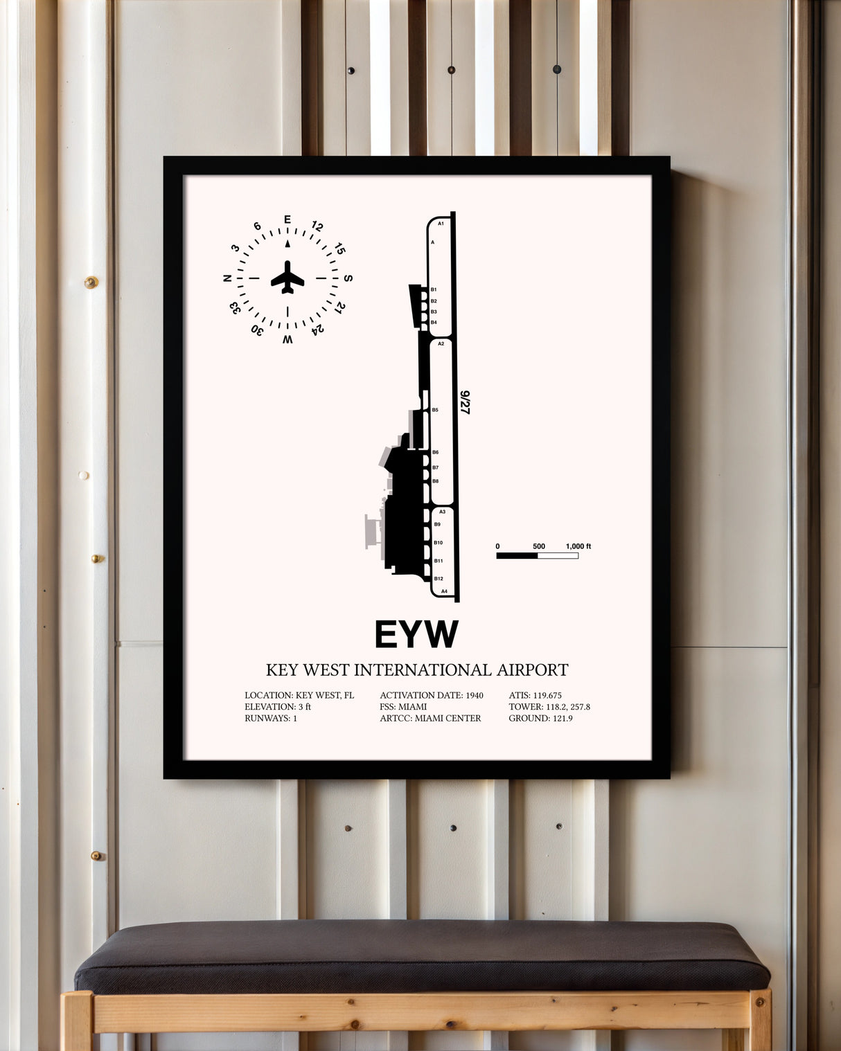 Key West International Airport framed poster displayed in an airplane hangar
