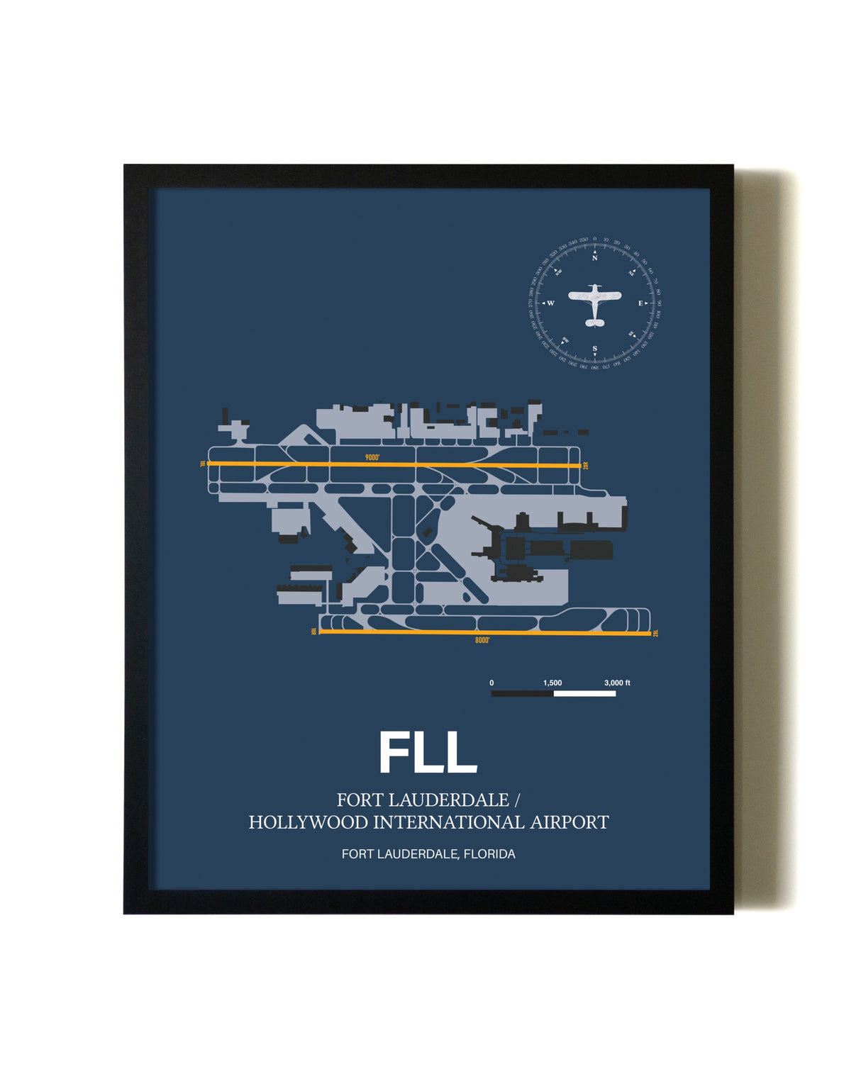 Blue and Yellow Framed Fort Lauderdale/Hollywood International Airport wall art poster in black frame