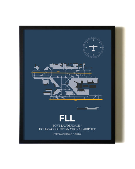 Blue and Yellow Framed Fort Lauderdale/Hollywood International Airport wall art poster in black frame