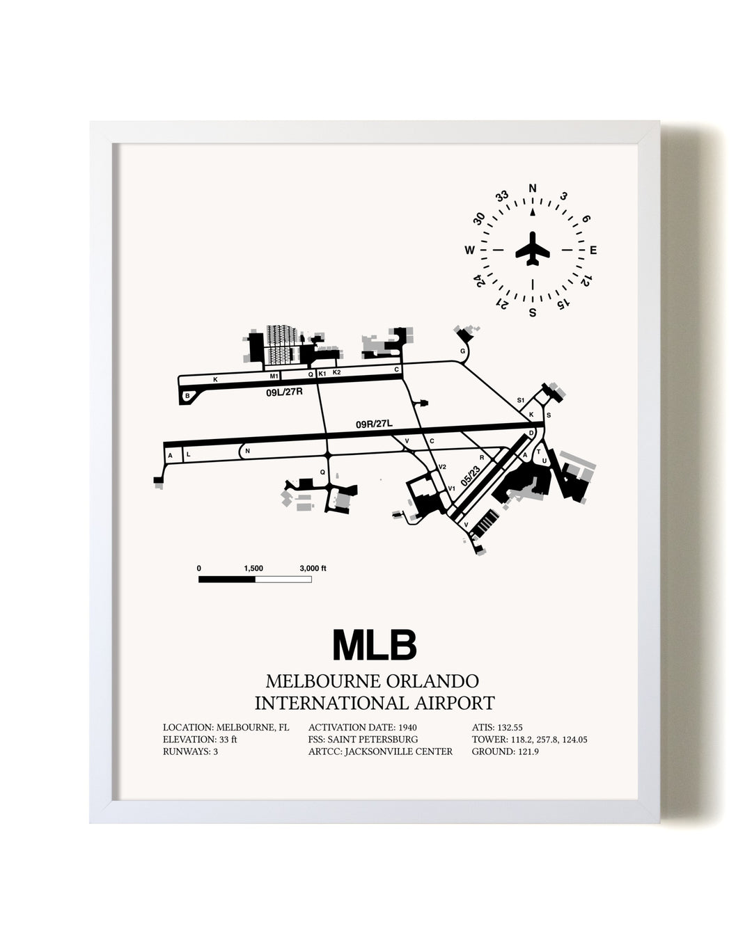Melbourne Orlando International Airport airport map poster in oak frame
