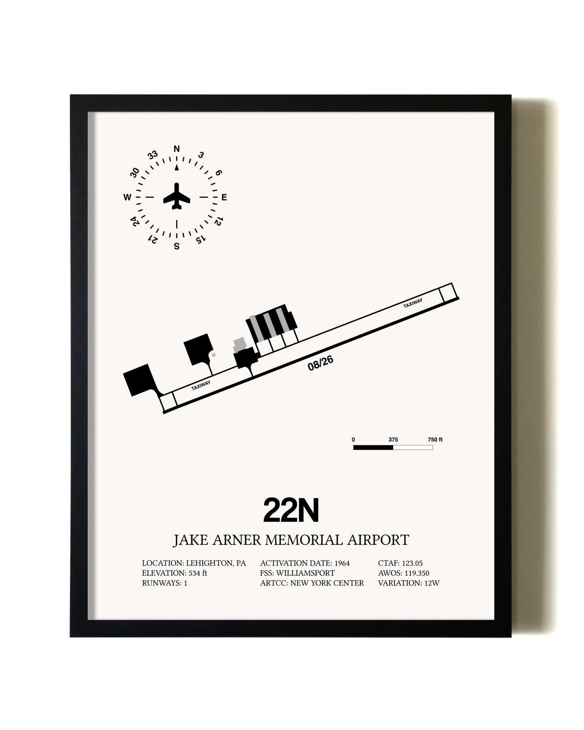 Framed Jake Arner Memorial Airport wall art poster in black frame