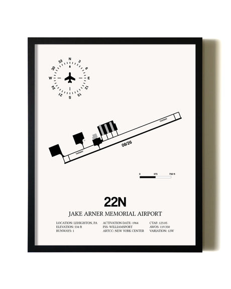 Framed Jake Arner Memorial Airport wall art poster in black frame