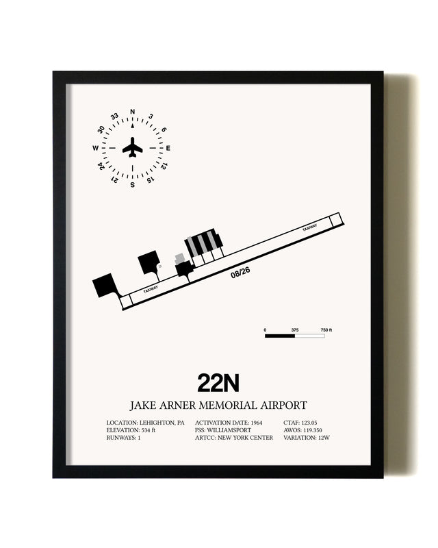 Framed Jake Arner Memorial Airport wall art poster in black frame
