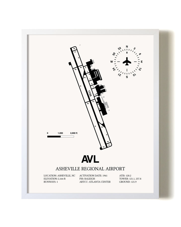Asheville Regional Airport airport map poster in oak frame