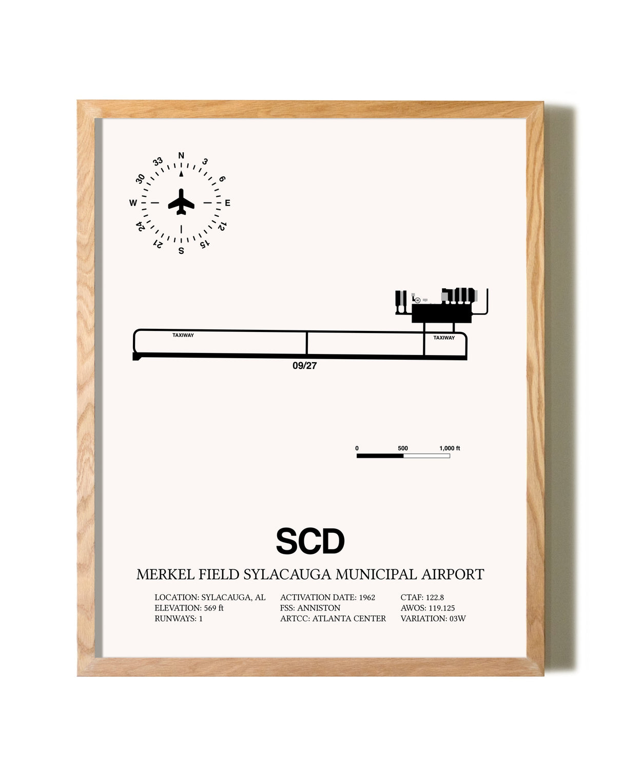 Merkel Field Sylacauga Municipal Airport framed print in natural wood frame