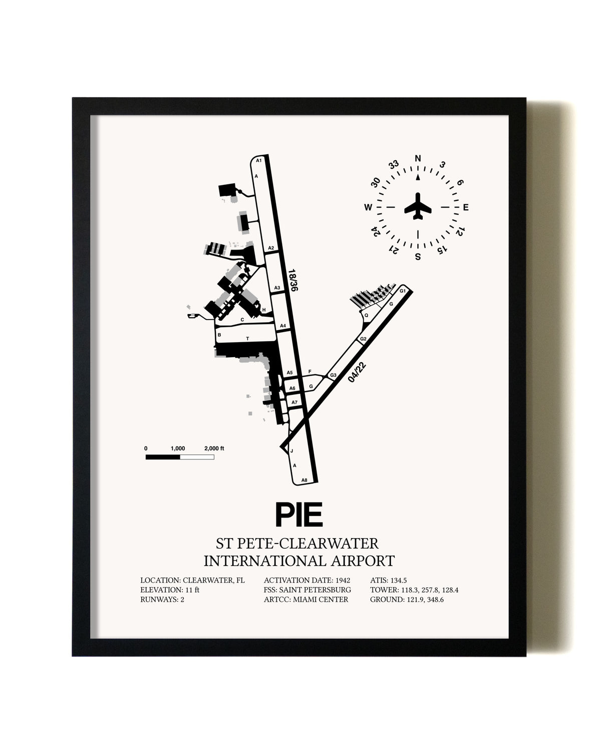Framed St. Pete-Clearwater International Airport wall art poster in black frame