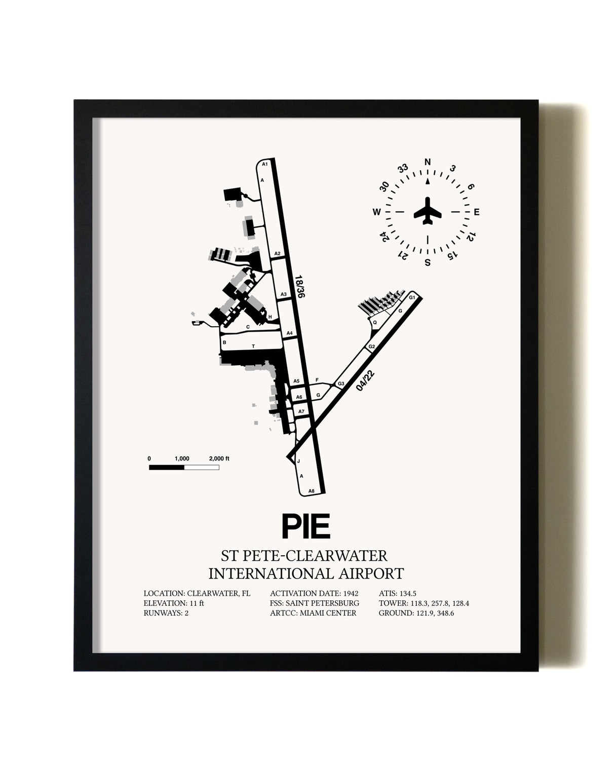 Framed St. Pete-Clearwater International Airport wall art poster in black frame