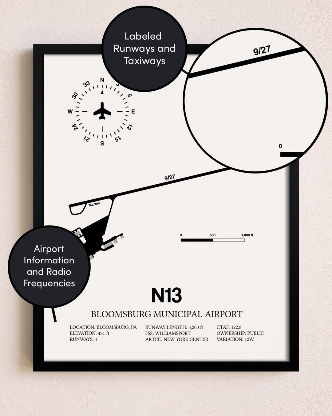 Framed Bloomsburg Municipal Airport layout wall art poster