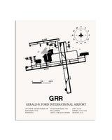 Gray Gerald R. Ford International Airport framed poster displayed in an airplane hangar