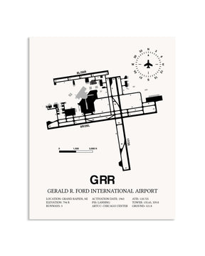Gray Gerald R. Ford International Airport framed poster displayed in an airplane hangar