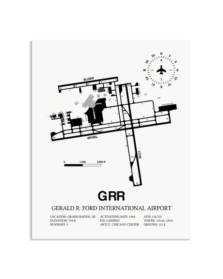 Gray Gerald R. Ford International Airport framed poster displayed in an airplane hangar