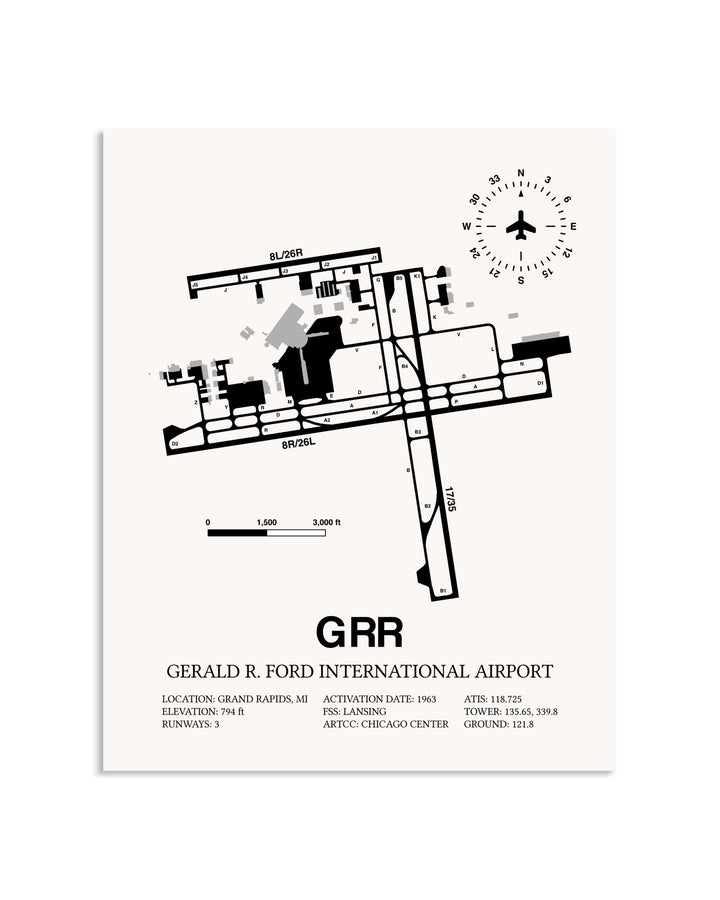 Gray Gerald R. Ford International Airport framed poster displayed in an airplane hangar
