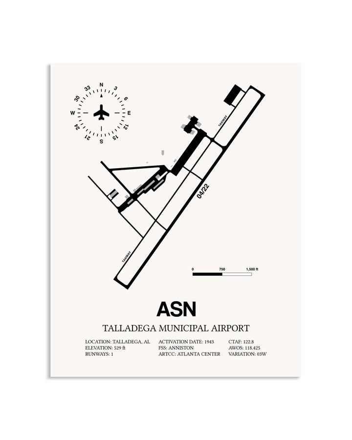 Gray Talladega Municipal Airport framed poster displayed in an airplane hangar