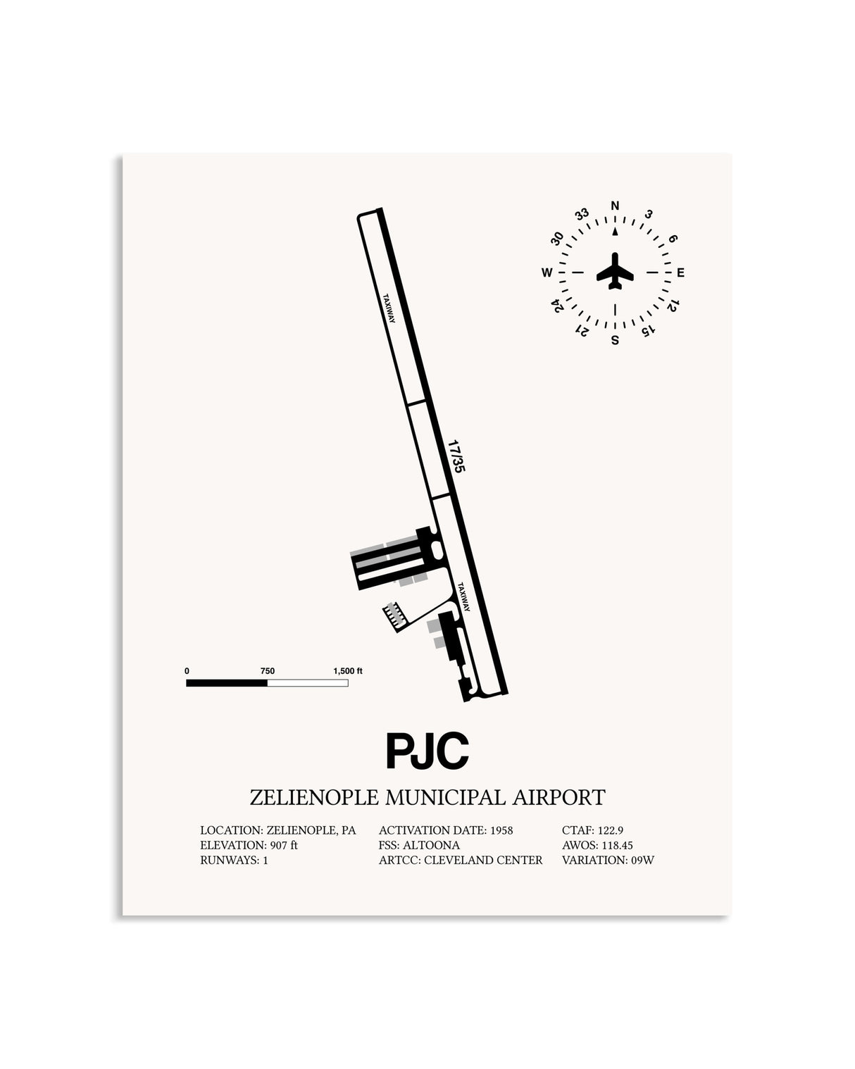 Gray Zelienople Municipal Airport framed poster displayed in an airplane hangar