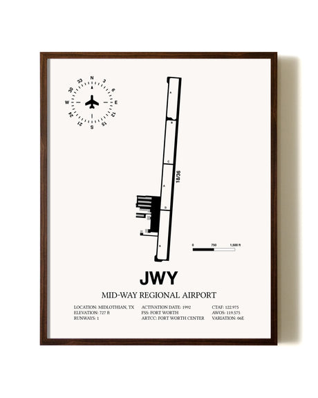 Mid-Way Regional Airport aviation print in walnut frame