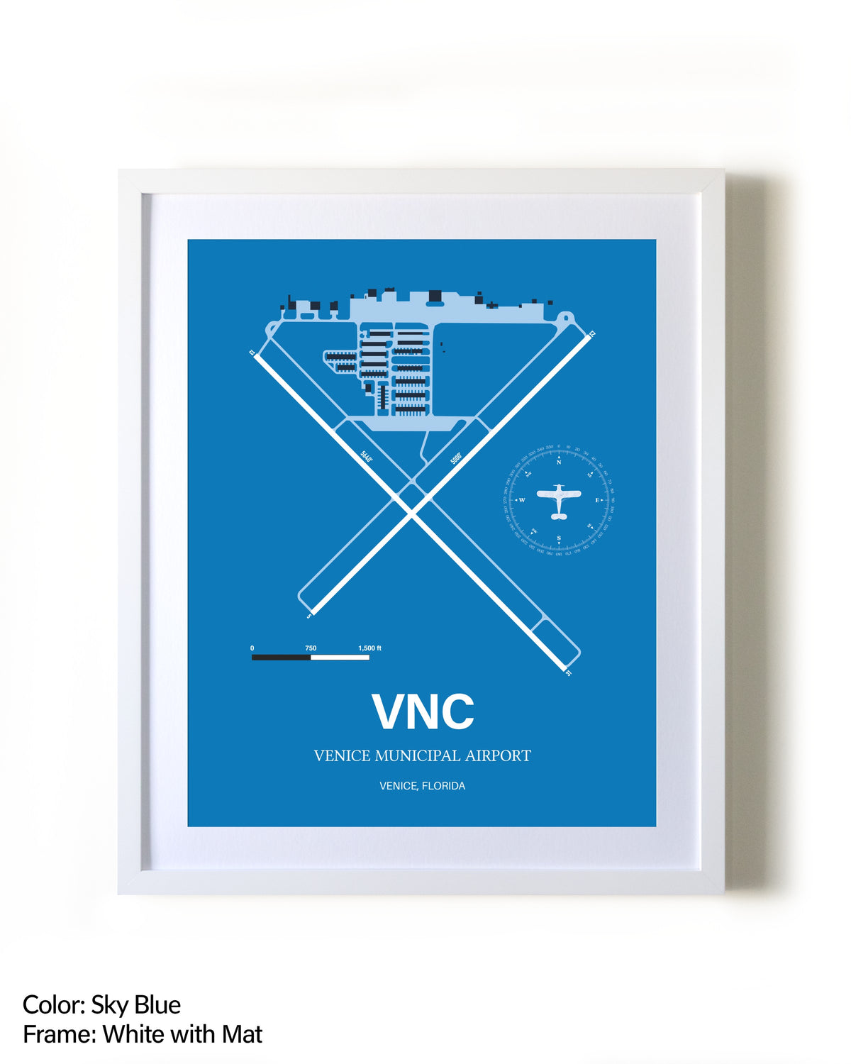 Venice Municipal Airport framed wall art in white frame with mat