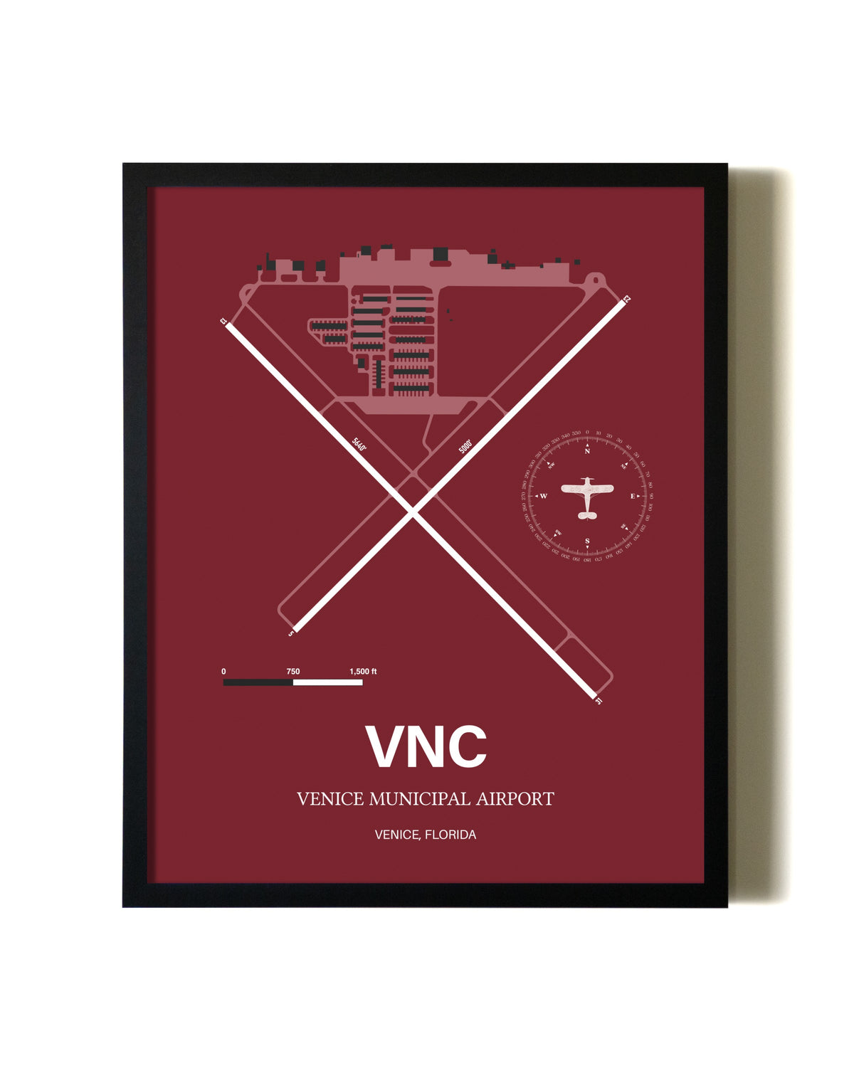 Red Framed Venice Municipal Airport wall art poster in black frame