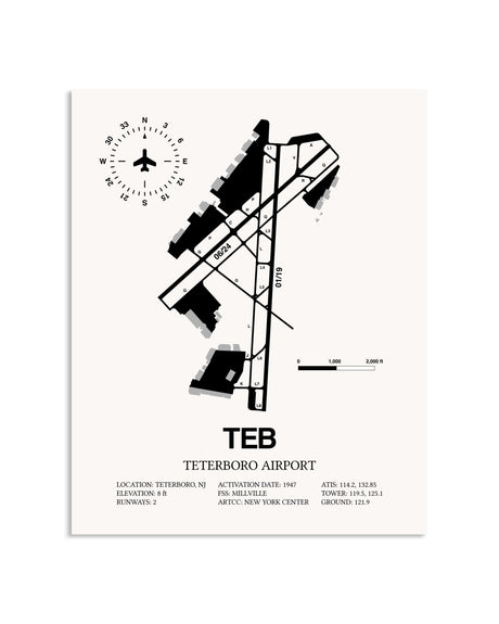 Gray Teterboro Airport framed poster displayed in an airplane hangar