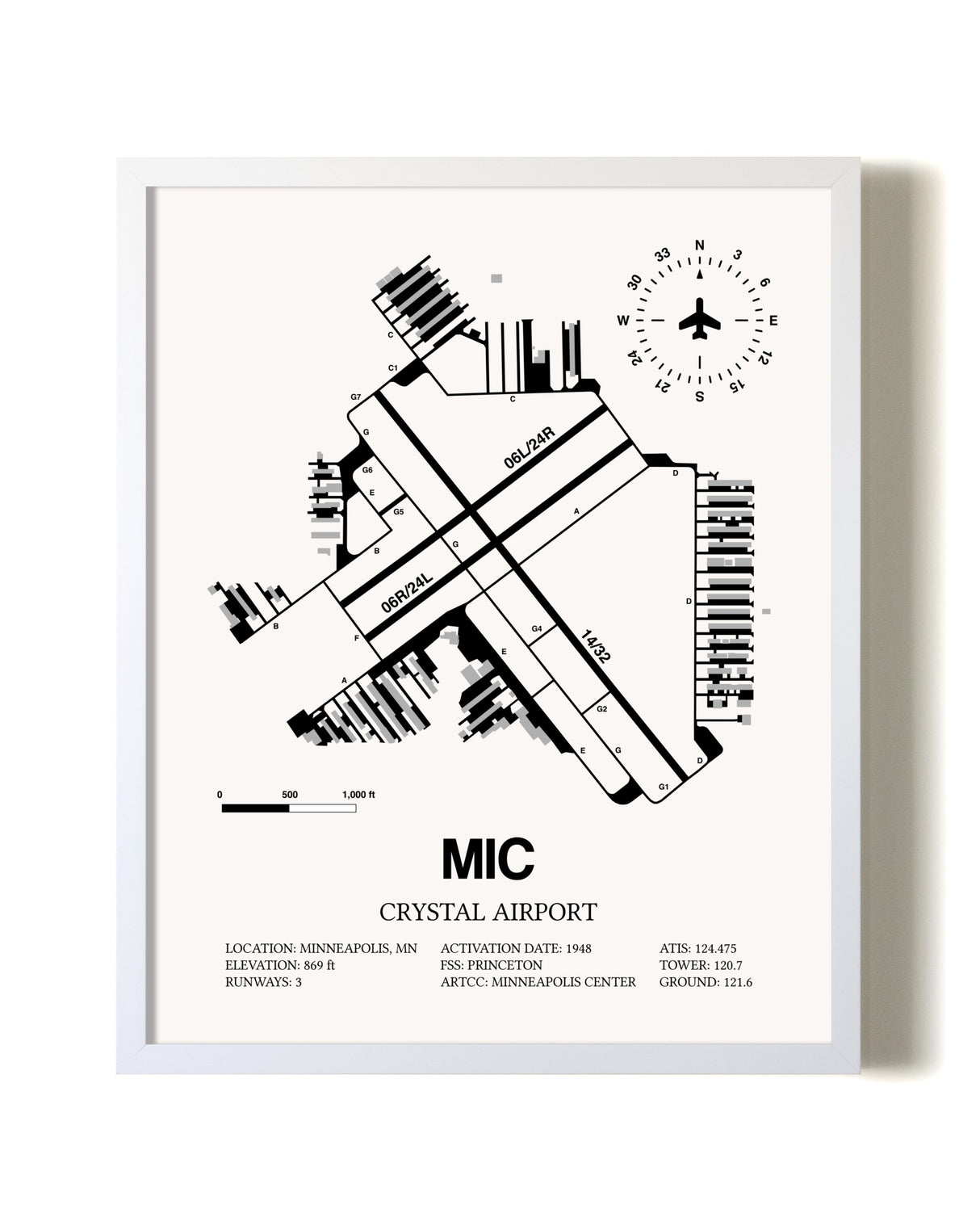 Crystal Airport airport map poster in oak frame
