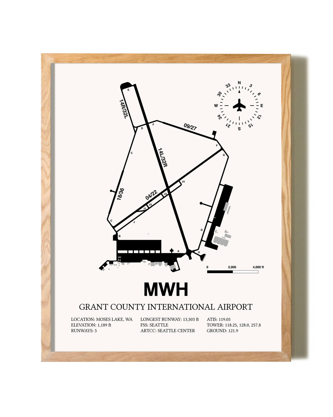 Grant County International Airport framed print in natural wood frame