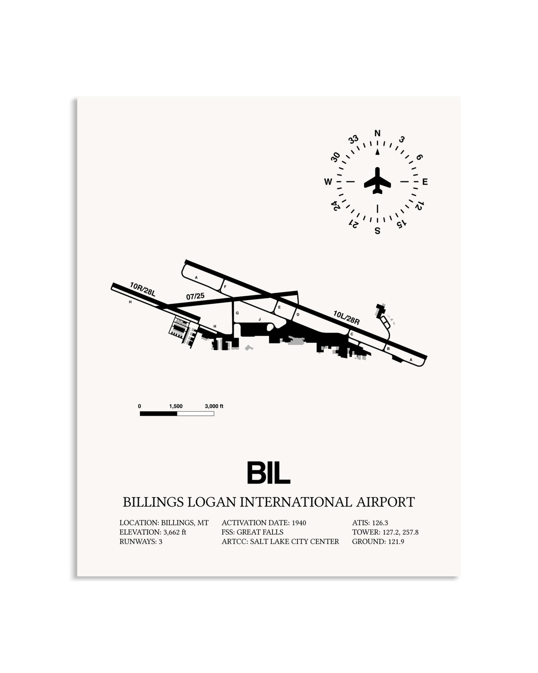 Gray Billings Logan International Airport framed poster displayed in an airplane hangar