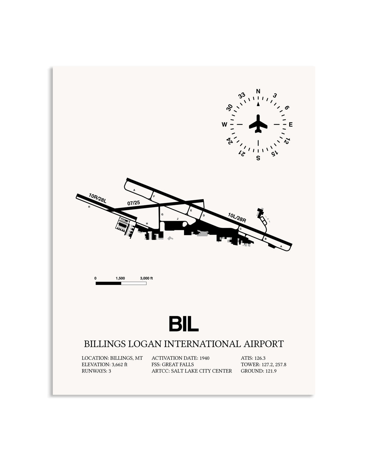Gray Billings Logan International Airport framed poster displayed in an airplane hangar