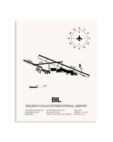 Gray Billings Logan International Airport framed poster displayed in an airplane hangar